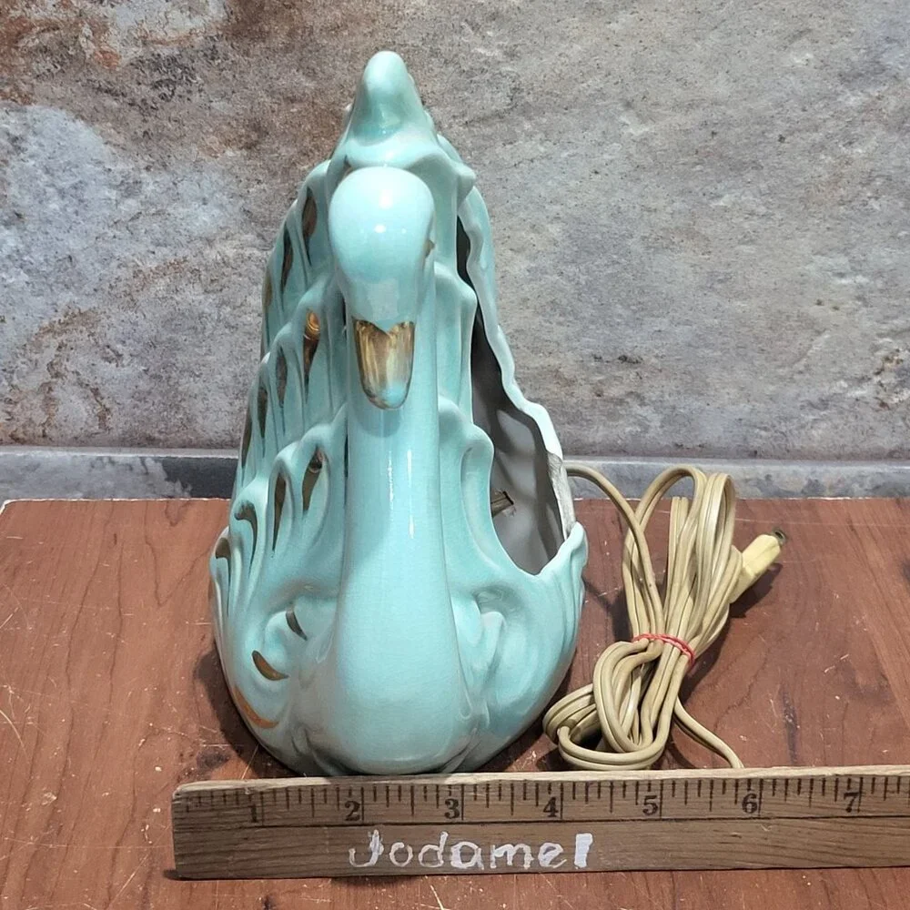 Vintage Gilded Blue Swan TV Lamp Night Light Ceramic